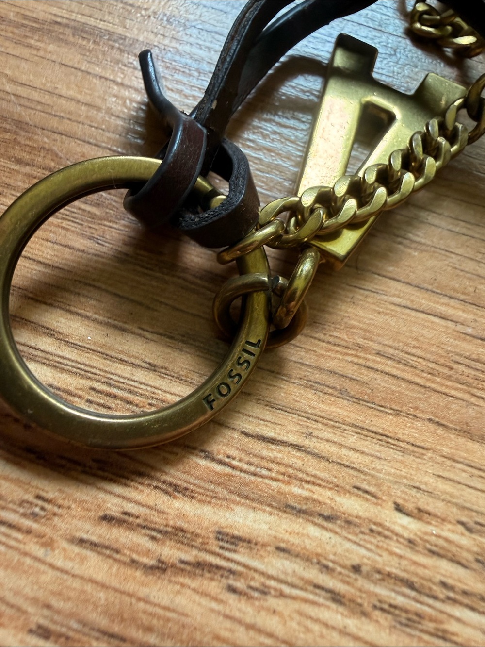 Y2M Fossil Brown Leather & Brass Key Letter Monogram A Charm Keychain - Picture 5 of 5